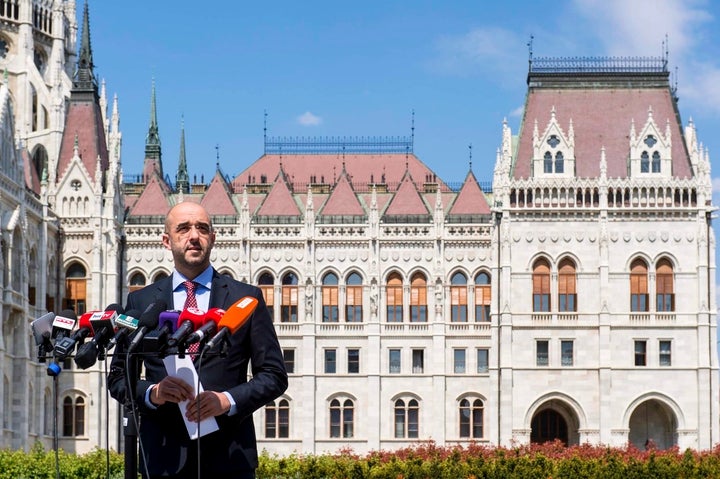 Hungarian spokesman Zoltan Kovacs outside the national parliament.