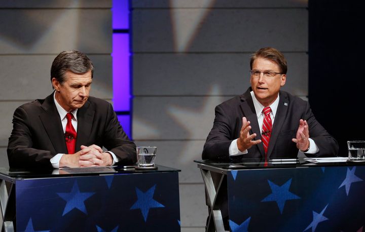 Roy Cooper, who is now North Carolina's Democratic governor-elect, appears at a debate with his Republican predecessor, Gov. Pat McCrory, on Oct. 18, 2016.