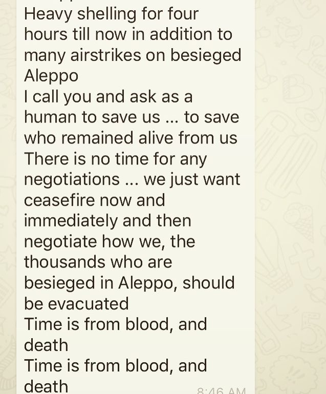 Screen shot of message sent from inside Aleppo. 