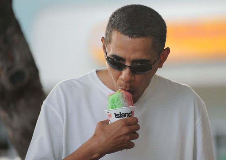 President Obama eats shave ice at Island Snow in Kailua.