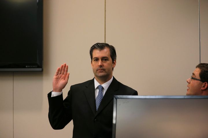 Former North Charleston police officer Michael Slager is sworn in to testify during his murder trial at the Charleston County court November 29, 2016 in Charleston, South Carolina.