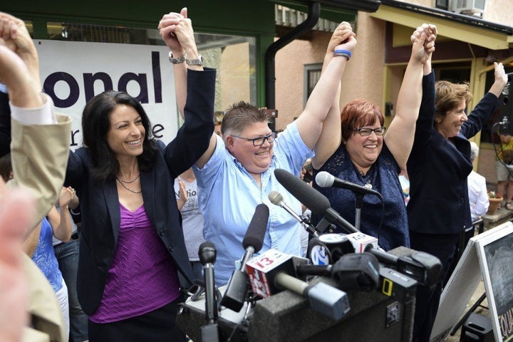 Dana Nessel, head of the “National Marriage Challenge” celebrates the Supreme Court victory in Obergefell v. Hodges with her