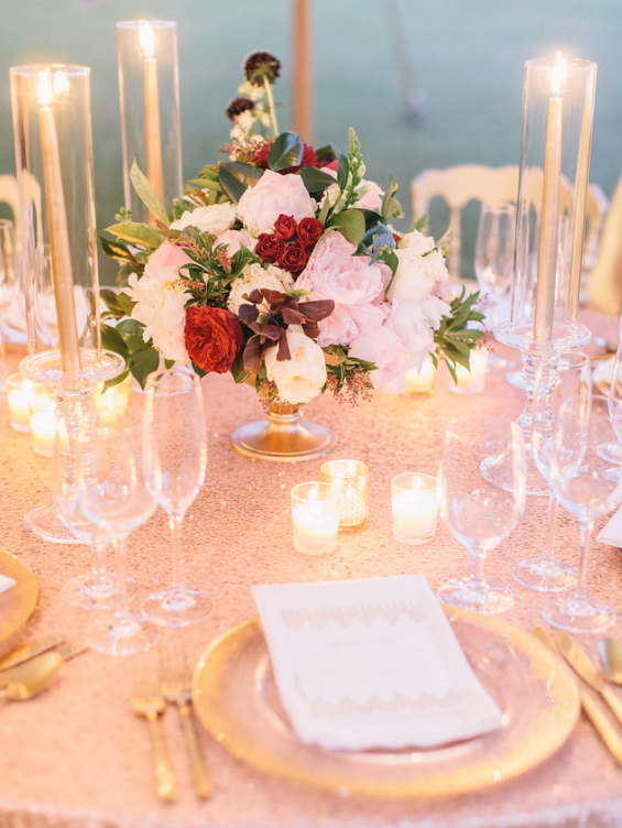 The reception was decorated with roses and candles.