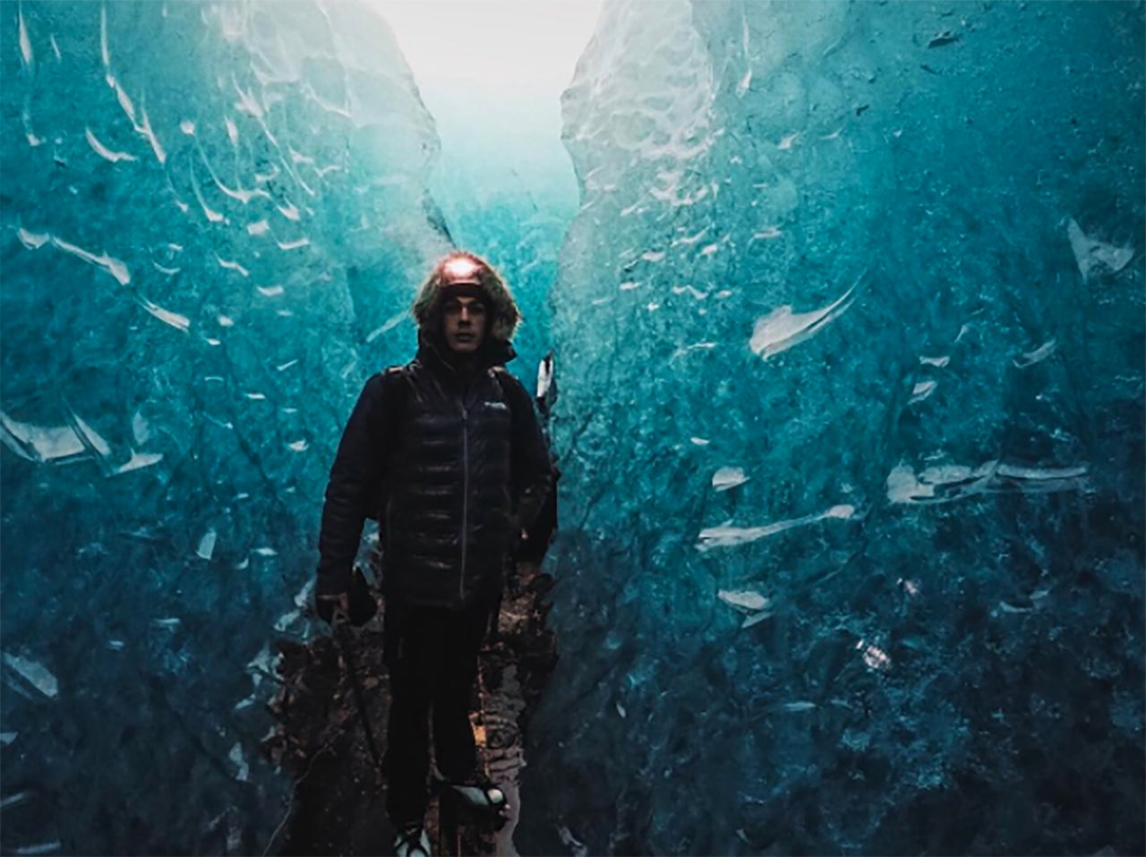 Chase walked *through* a glacier in Iceland