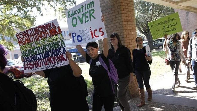 Students and faculty at the University of Texas-Rio Grande Valley march to the university president’s office to ask that the campus be declared a sanctuary. The “sanctuary campus” movement has become contentious, although colleges aren’t preparing to take steps that are against the law.