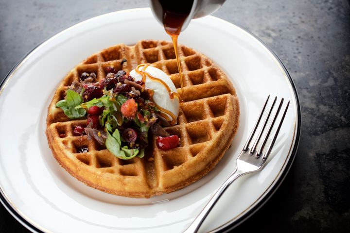 From Hotel Emma’s Supper restaurant: spiced waffle with duck confit, cranberry, orange and goat cheese mousse 