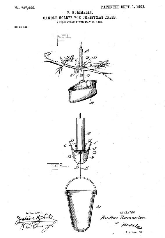 This 1903 Christmas tree candle patent includes a holder for the base of the candle and a reservoir suspended on a rod to catch wax or hold water. 