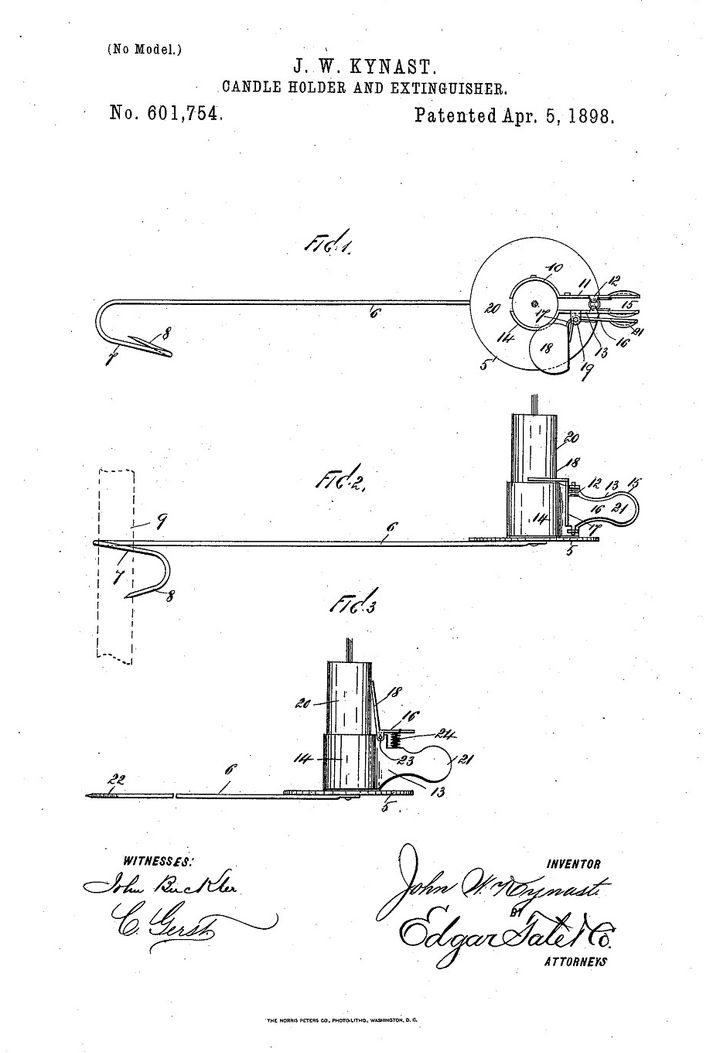 <p>In this model, a long arm grasps the trunk of the tree and extends outward, so the candle doesn’t have to be attached to the branch. A clamp to keep the candle in place and a built-in extinguisher are also included. This patent was awarded in 1898. </p>