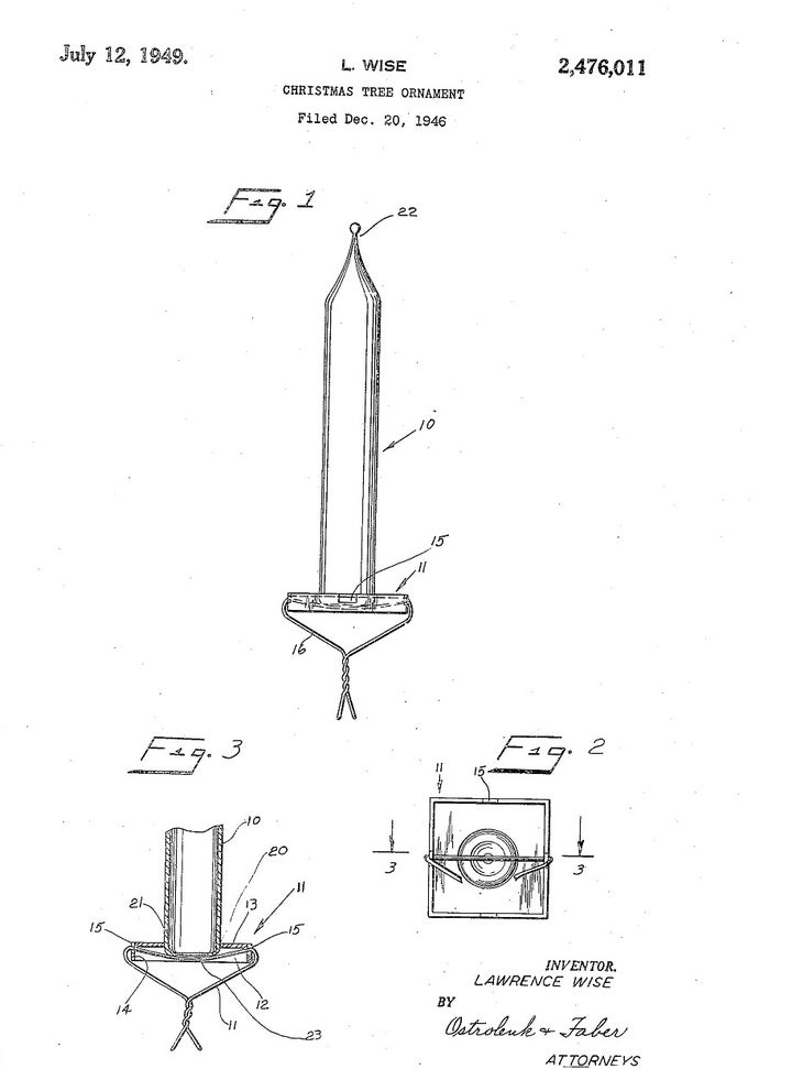 In 1949 this patent was awarded for a Christmas tree candle lookalike with a wire twist to attach it to the tree branch. The “candle” could be made out of glass or other material. By the late 40s, factory-made incandescent Christmas lights were popular in the U.S. and had eclipsed natural candlepower as the holiday lighting of choice. 