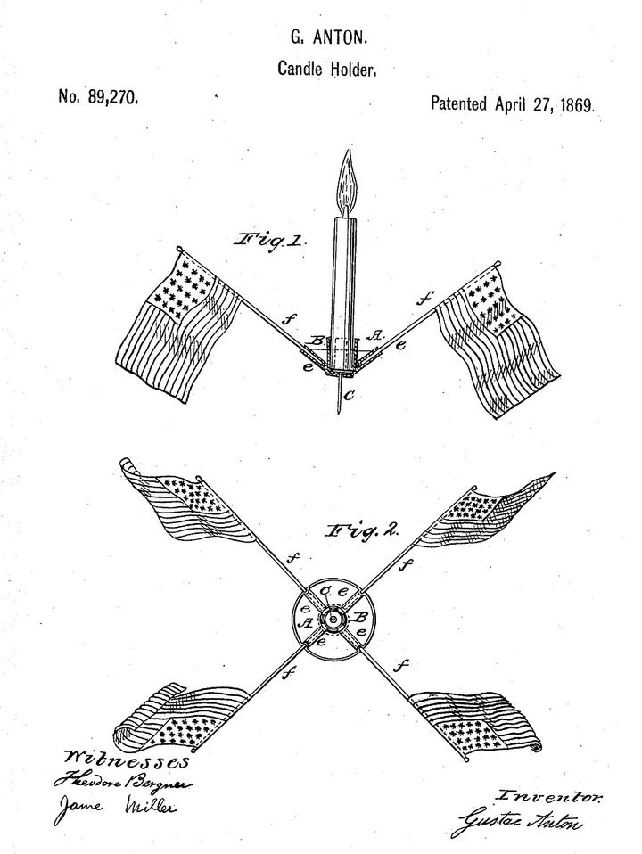 One of the earliest Christmas tree candle holder patents on record in the U.S. is this rare flag model from 1869. Using flags in holiday decorating has been popular in the Nordic countries at least since the turn of the 18th century. Miniature flag garlands are still common in Sweden, Iceland, Norway and Denmark today. 