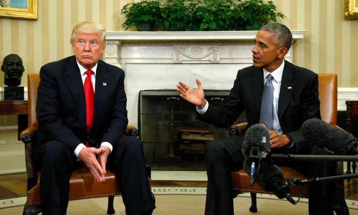 U.S. President Barack Obama meets with President-elect Donald Trump to discuss transition plans in the White House in the Oval Office in Washington, D.C. onNovember 10, 2016.