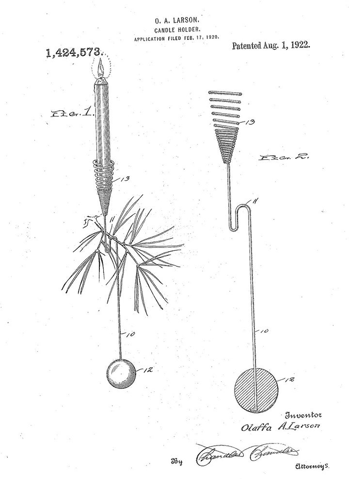 This 1922 patent was awarded to Olaffa Larsen for a counter-balanced hanging Christmas tree candle holder with a ball weight and a spiral cup for the candle. Spiral Christmas tree candle holders are still used in the Nordic countries and are especially popular in Denmark. They are still available today. 