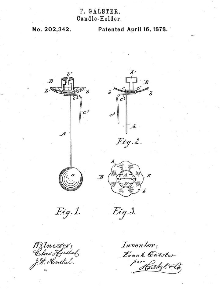 This patent, from 1878, depicts a popular type of pendulum Christmas tree candle holder. The holder loops over the tree branch and the kugel (ball weight) keeps the candle upright. Counterbalanced Kugel Christmas tree candle holders are difficult to find, but they are available online. 