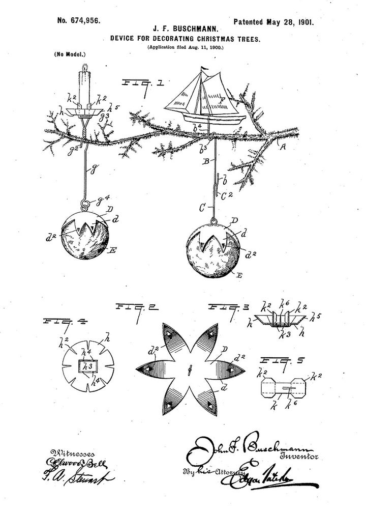 In 1901 this patent was awarded for another kind of pendulum Christmas tree candle holder, with a loop and a decorative globe as the weight. The top could be used for a candle or for an ornament. The patent drawing shows examples of the holder with a candle and a ship. 