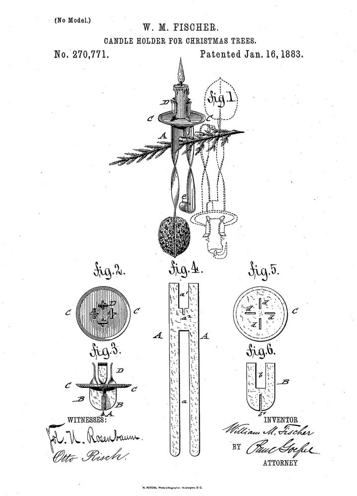 William Fischer designed this hanging Christmas tree candle holder, which was patented in 1883. Two stems loop over the branch to hold the device in place and a decorative walnut serves as the counterweight to steady the candle. 