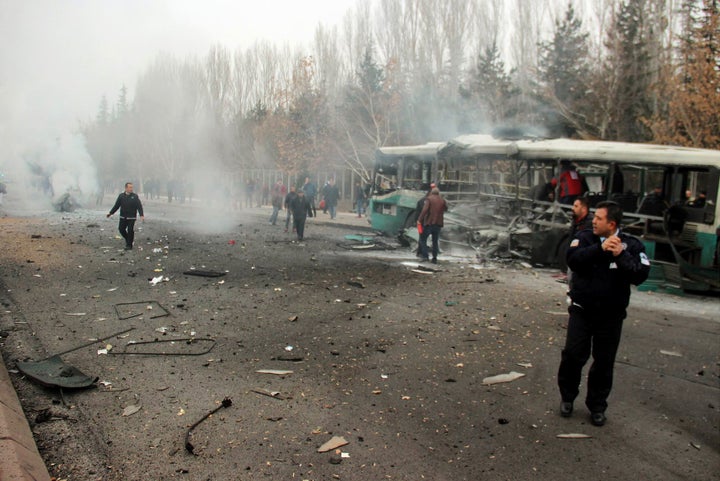 Thirteen soldiers were killed when a car bomb hit this bus transporting off-duty military personnel in Kayseri.