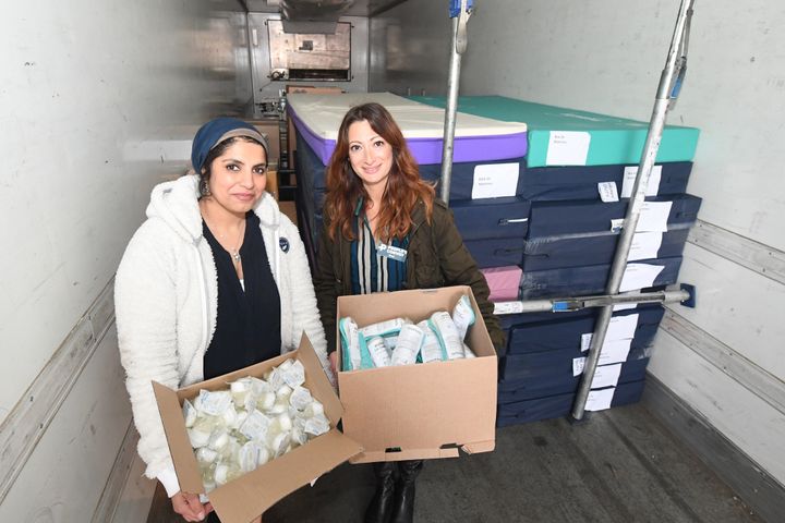 <strong>Saleyha Ahsan (left), an emergency medicine doctor, and Dr Rola Hallam, consultant anaesthetist, with some of the aid.</strong>