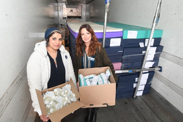 Saleyha Ahsan (left), an emergency medicine doctor, and Dr Rola Hallam, consultant anaesthetist, with some of the aid.