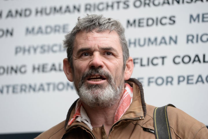 <strong>Paul Conroy, war photographer and filmmaker, talks to the media ahead of the 'People's Convoy' departure.</strong>
