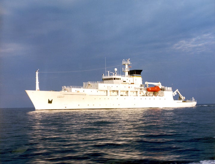 The oceanographic survey ship, USNS Bowditch, is shown September 20, 2002, which deployed an underwater drone seized by a Chinese Navy warship in international waters in South China Sea, on Dec. 16, 2016.