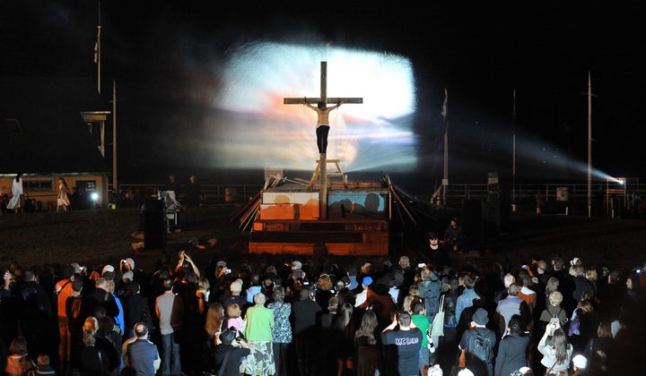 Michael Sheen is 'crucified' in day three of the Passion play taking place across his home Town of Port Talbot.