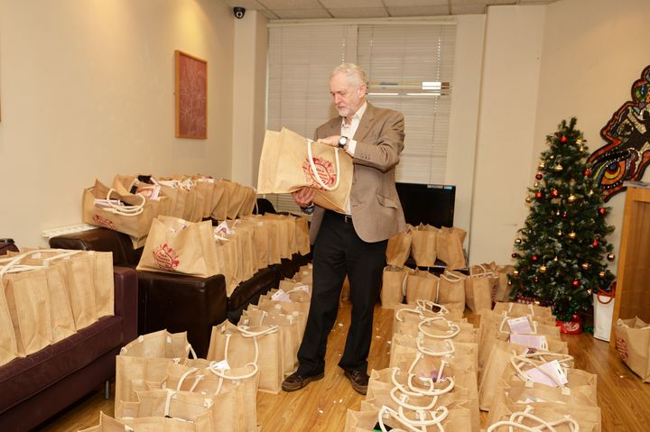 <strong>Labour leader Jeremy Corbyn, views the work of volunteer workers making free goody bags, during a visit to the Centrepoint hostel, in Camberwell, London.</strong>