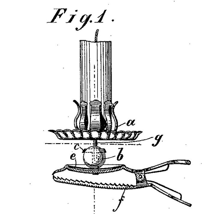 There have been several versions of the classic clip-on Christmas tree candle holder. This drawing (Patent 115116) shows a traditional German variety, with an adjustable ball joint, curved tines to hold the candle in place and a clasp with teeth to grip the tree branch. It was authorized in 1900 by the German Patent Authority in Berlin. 