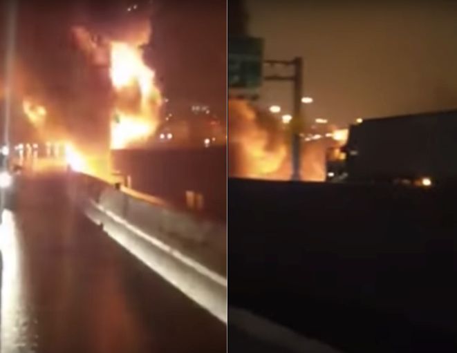 A tanker was filmed falling off an interstate and bursting into flames (left) just before several tractor-trailers drove into the fire (right).