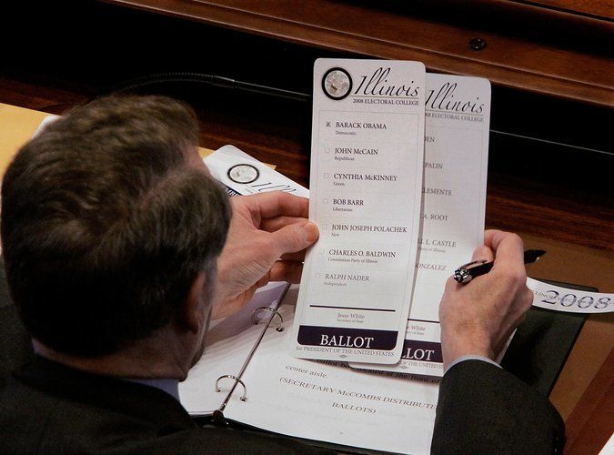Michael Madigan, an Illinois elector for the 2008 election, filled out his ballot at the state Capitol.