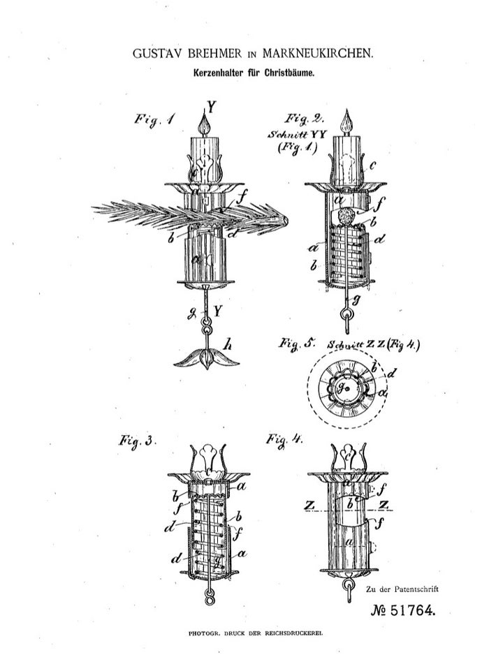 Inventor Gustav Brehmer came up with this design, which was patented in Germany in 1889. It’s a hybrid version — part candle clip and part pendulum holder. A spring-fed clamp grips the tree branch and a small dangling counterbalance keeps it upright. 