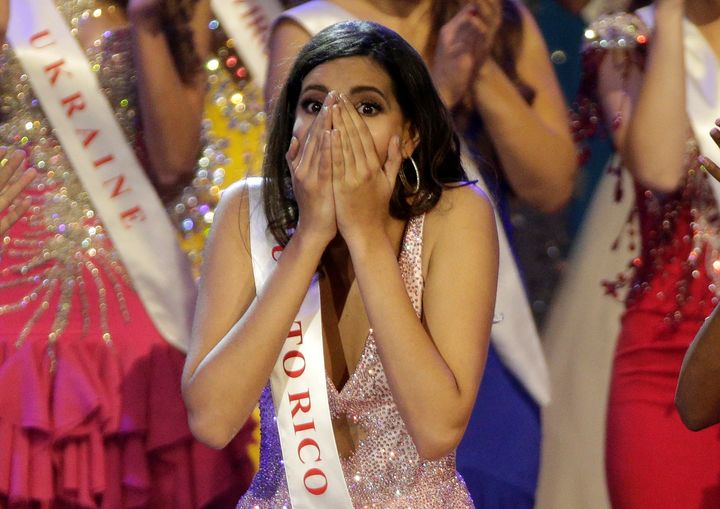 Miss Puerto Rico Stephanie Del Valle reacts after winning the Miss World 2016 Competition on Sunday.