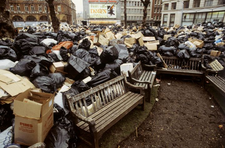 <strong>Mountains of rubbish dumped in Leicester Square due to the continuing strike by dustbin collectors from the City of Westminster in support of a pay claim.</strong>