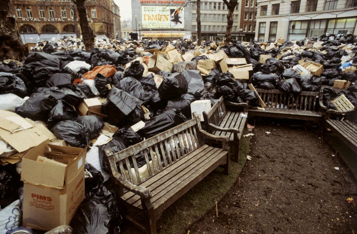 Mountains of rubbish dumped in Leicester Square due to the continuing strike by dustbin collectors from the City of Westminster in support of a pay claim.