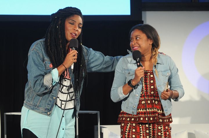 Comedians Jessica Williams and Phoebe Robinson onstage during a live performance of their "2 Dope Queens" podcast in May.