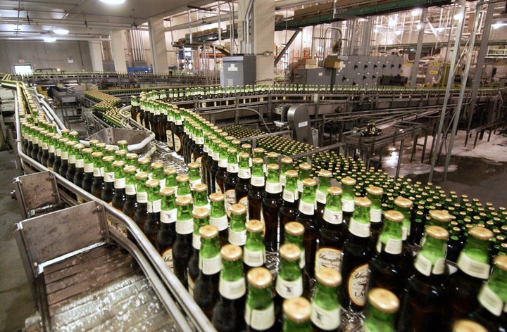 Bottles of lager move through the assembly line at the Yuengling brewery in Pottsville, Pennsylvania.