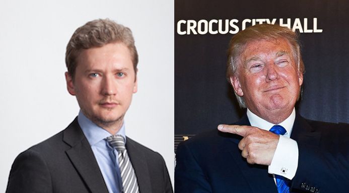 Left: Moscow State Professor Andrey Sushentsov. Right: Donald Trump hosts Miss Universe Pageant in Moscow’s Crocus City Hall in 2013