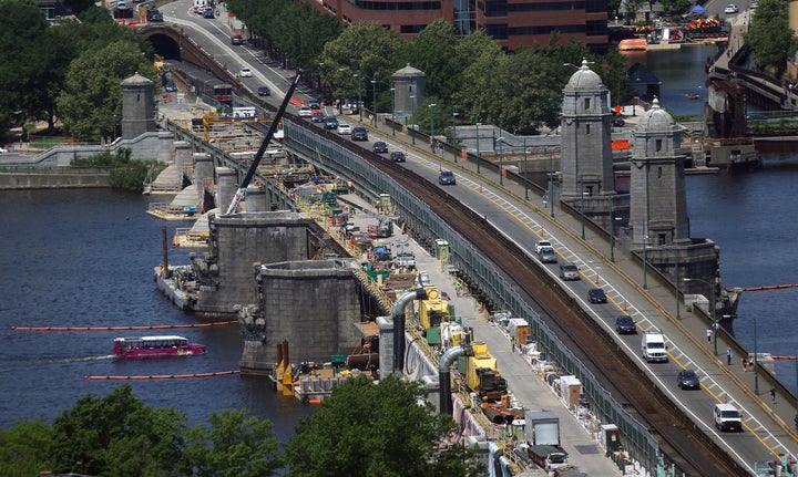 BOSTON - JUNE 24: Repairs on the Longfellow Bridge continue, including the removal of a couple of salt and pepper shaker-like
