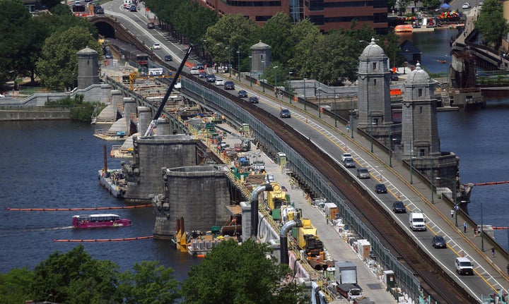 BOSTON - JUNE 24: Repairs on the Longfellow Bridge continue, including the removal of a couple of salt and pepper shaker-like towers.