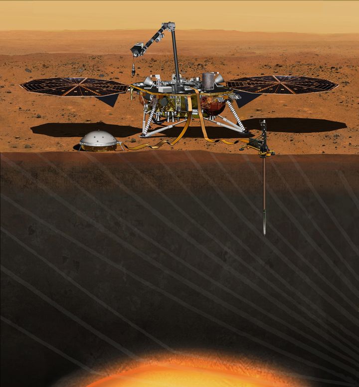 An artist's rendering depicts the InSight lander studying the interior of Mars.