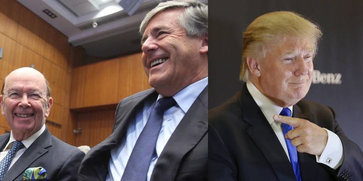 <p>Left: Trump’s Commerce pick and Bank Of Cyprus Vice Chair Wilbur Ross with Chairman Josef Ackermann, former head of Deutsche Bank. Right: <a href="https://www.huffpost.com/news/topic/donald-trump">Donald Trump</a> in Miss Universe Pageant 2013 hosted in Moscow’s Crocus City</p>