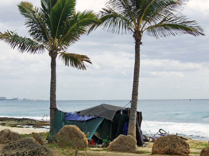 A homeless shelter on a beach on Oahu, Hawaii. 
