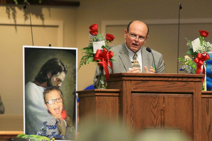 Tim Marcengill, Associate Pastor Evangelism and Education, speaks at the funeral for 6-year-old Jacob Hall at the Oakdale Bap