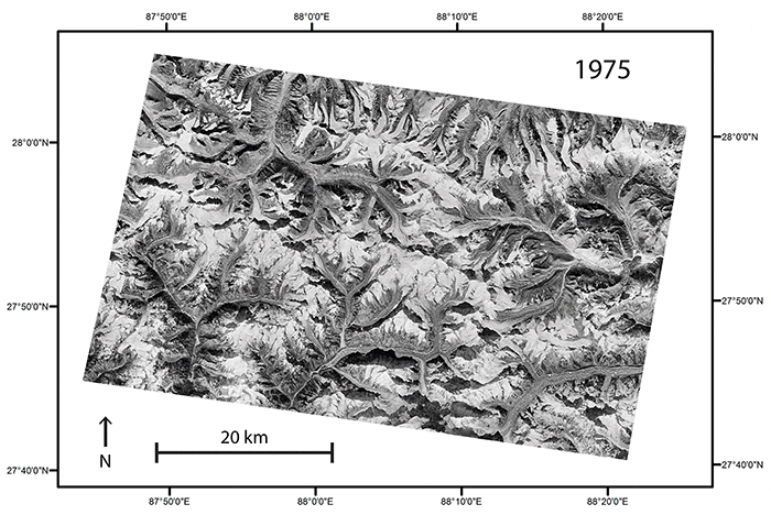 A comparison of images taken in 1975 and 2007 of the same region along the border between Nepal and Sikkim, India, reveal changes in the elevation of the region’s glaciers