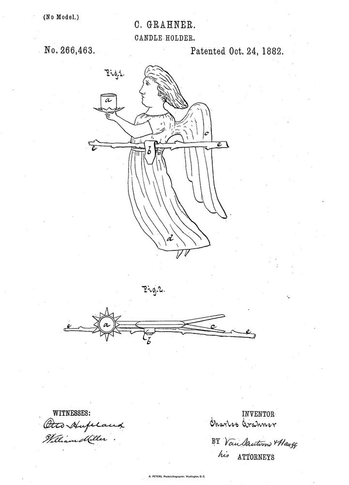 A tin angel holds a wax catcher and grasps the base of the Christmas candle in this 1882 patent drawing. The holder is attached to the tree branch by a fold-over loop. 