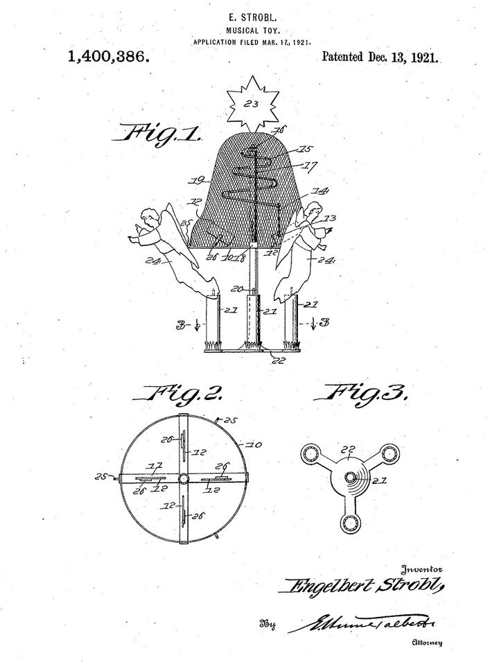 This 1931 patent for the candle-powered "angel chime" (Änglaspel, in Sweden) includes holders for three candles. The angel chime is still on the market. It uses regular Christmas tree candles. 