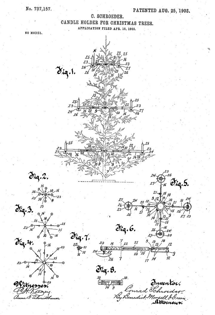 <p>This Christmas tree candle holder patent, awarded in 1903, is based on a metal frame that attaches to the tree trunk. The candles are mounted on arms, rather than the branches of the tree. </p>