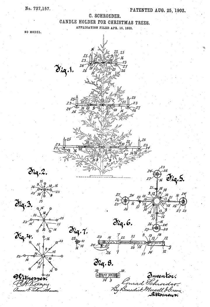 This Christmas tree candle holder patent, awarded in 1903, is based on a metal frame that attaches to the tree trunk. The candles are mounted on arms, rather than the branches of the tree. 