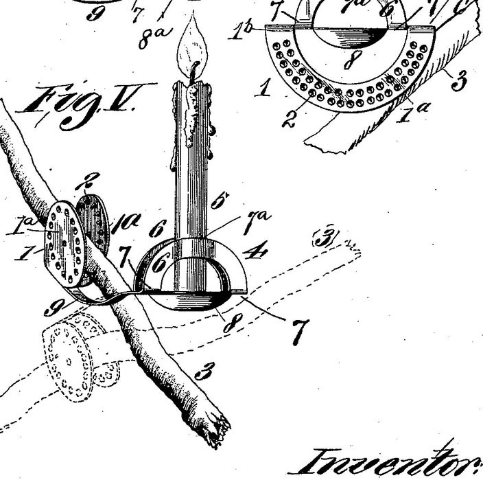 <p>This 1896 patent features a round clamp to steady the holder on the tree branch and a second round clamp to grip the base of the candle. </p>