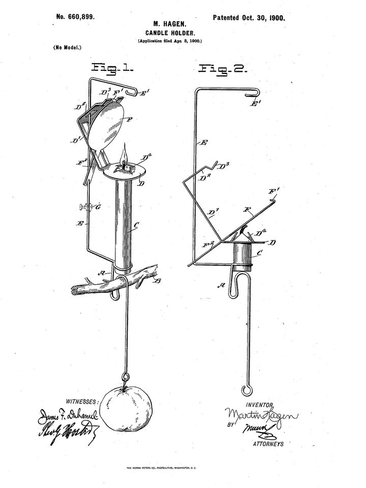 In this Christmas tree candle holder patent from 1900, the candle is inserted into a metal casing. A weighted pendulum keeps the candle upright and a miniature flap falls over the candle to extinguish it when the wick burns down. 