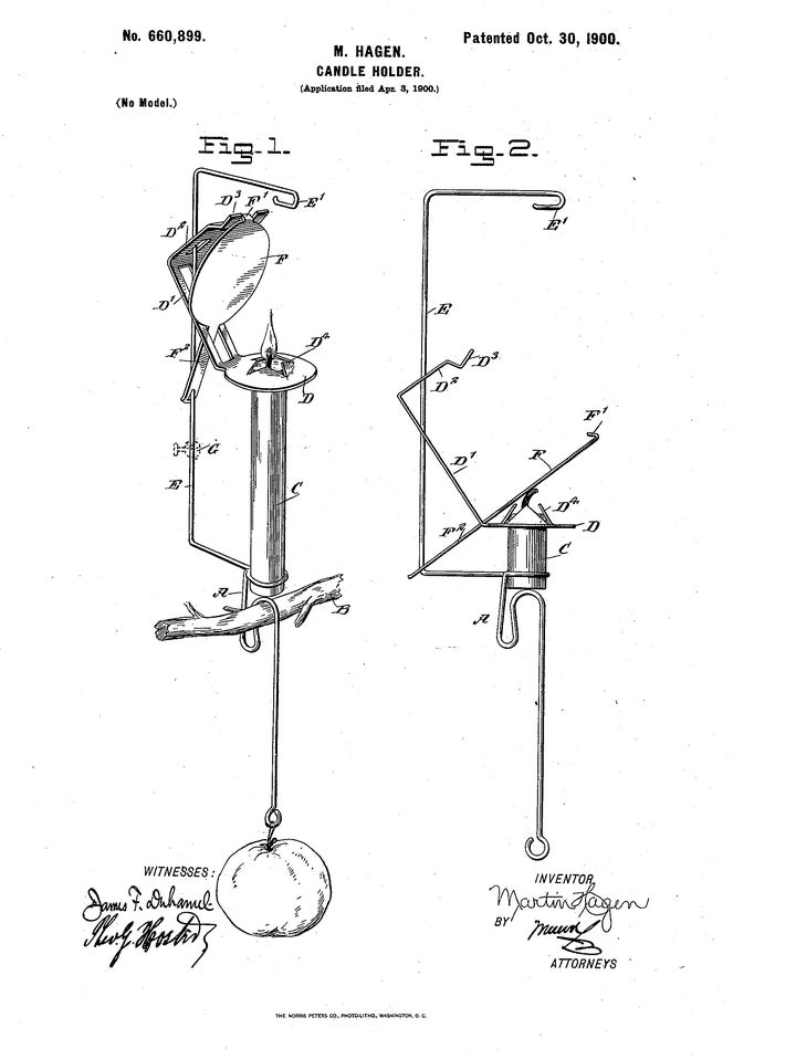 <p>In this Christmas tree candle holder patent from 1900, the candle is inserted into a metal casing. A weighted pendulum keeps the candle upright and a miniature flap falls over the candle to extinguish it when the wick burns down. </p>